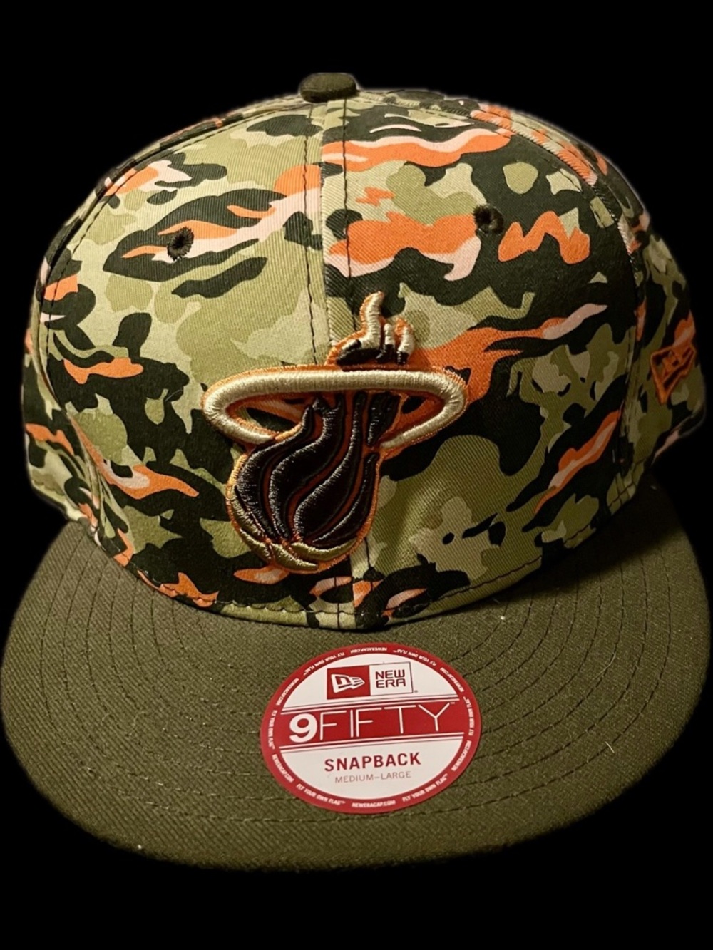 New Era  9FIFTY Miami Heat Camo Snapback Hat - Olive/Orange